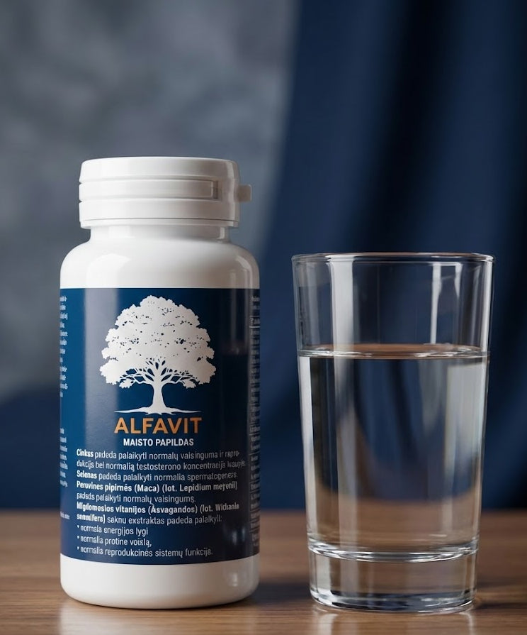 Bottle of Alfavit supplement next to a glass of water on a wooden surface with a blurred background.